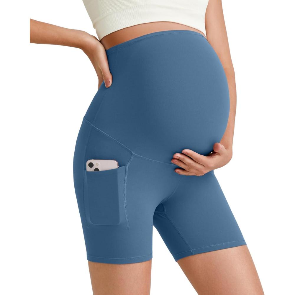 imageG4Free Maternity Biker Shorts with Pockets Over The Belly Legging 5quot Pregnancy Yoga Pants Athletic WorkoutBlue Gray