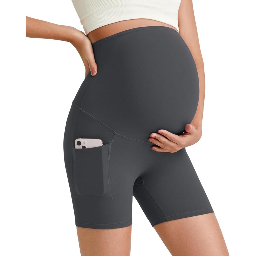 imageG4Free Maternity Biker Shorts with Pockets Over The Belly Legging 5quot Pregnancy Yoga Pants Athletic WorkoutDark Gray
