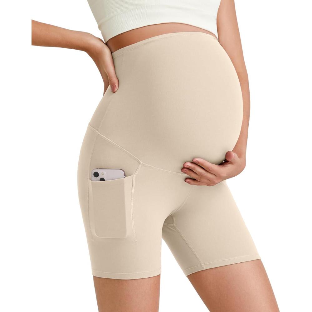imageG4Free Maternity Biker Shorts with Pockets Over The Belly Legging 5quot Pregnancy Yoga Pants Athletic WorkoutLight Khaki