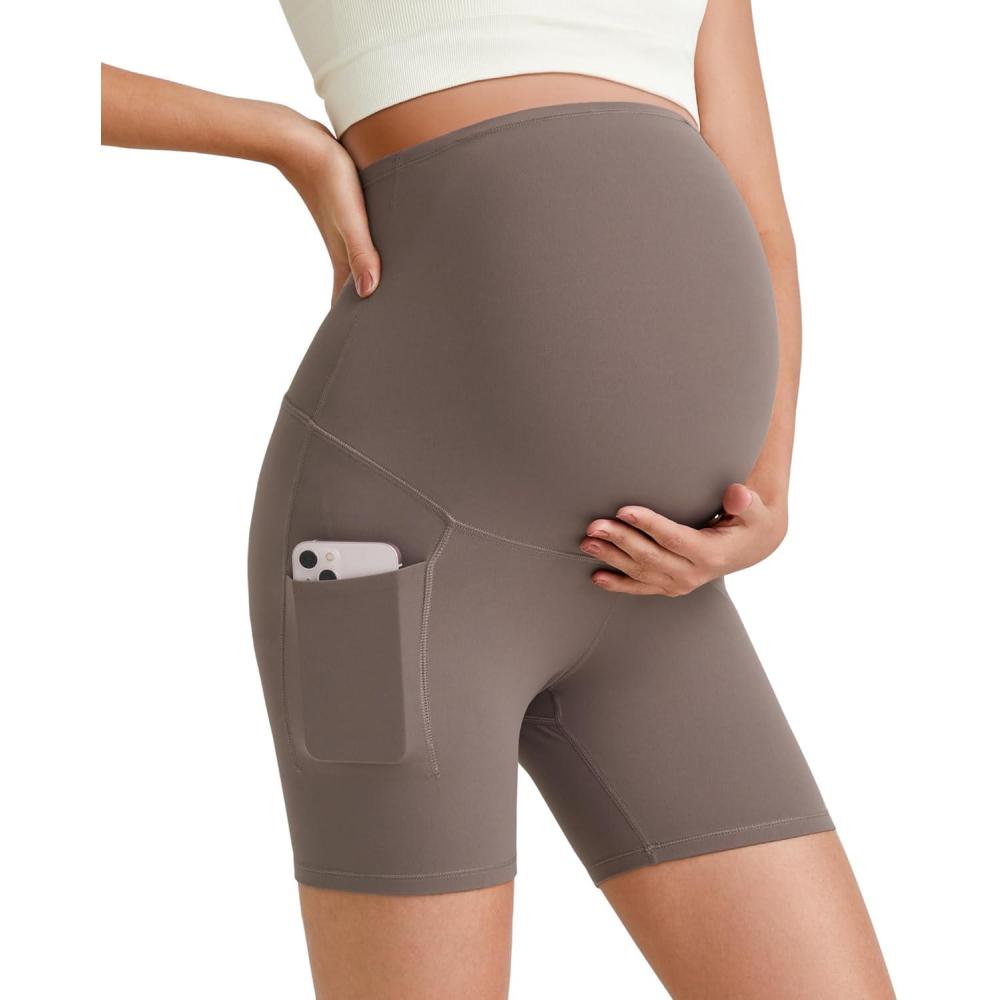 imageG4Free Maternity Biker Shorts with Pockets Over The Belly Legging 5quot Pregnancy Yoga Pants Athletic WorkoutTaupe
