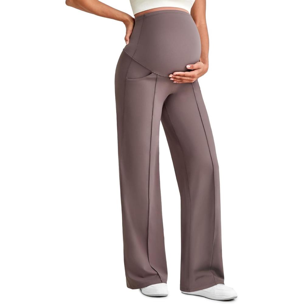 imageG4Free Maternity Dress Yoga Pants with Pockets Over The Belly Stretchy Work Slack Pregnancy Wide Leg Lounge TrousersTaupe