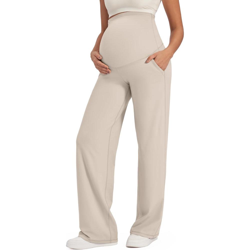 imageG4Free Maternity Pants Over The Belly Yoga Dress Work Pregnancy Pants Stretchy Lounge Wide Leg Trousers with PocketsLight Khaki