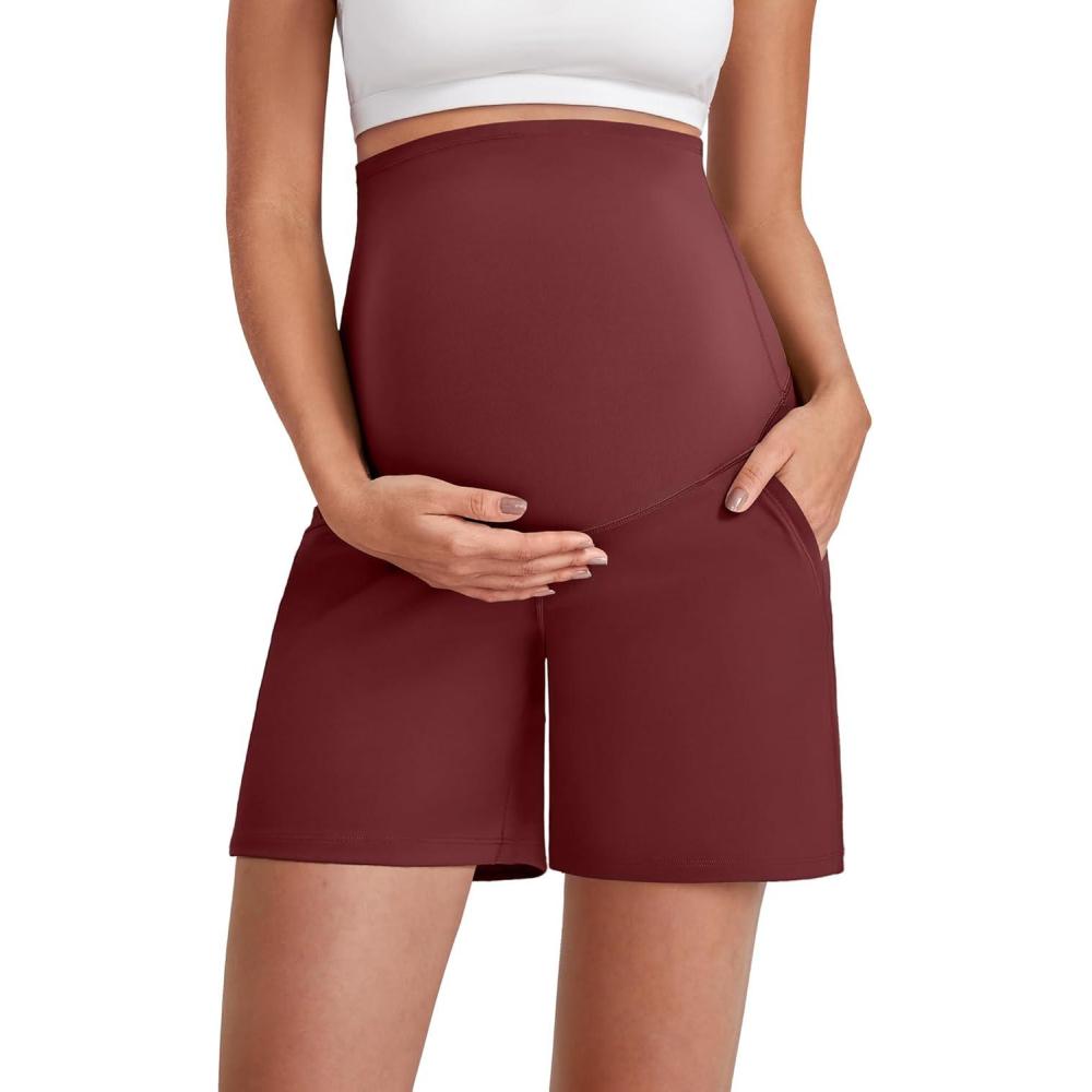 imageG4Free Maternity Shorts with Pockets Over The Belly Stretchy 6 Pregnancy Yoga Pants Athletic WorkoutDark Burgundy