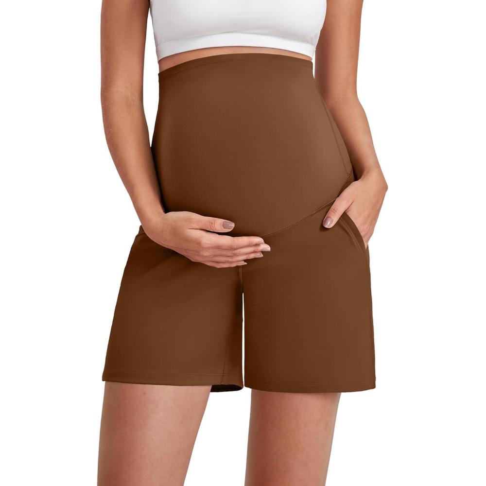 imageG4Free Maternity Shorts with Pockets Over The Belly Stretchy 6 Pregnancy Yoga Pants Athletic WorkoutDark Coffee