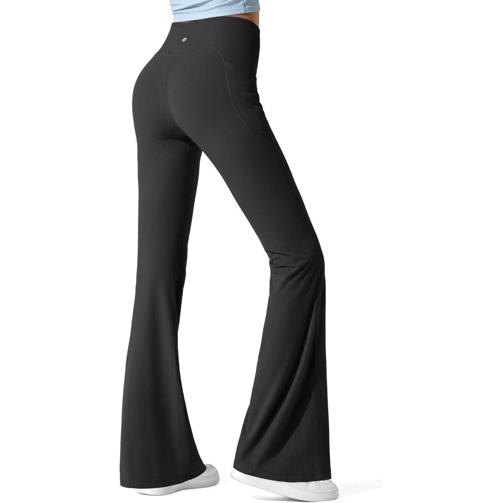 imageG4Free Ribbed Flare Yoga Pants with Pockets for Women High Waisted Bootcut Workout Leggings CasualBlack