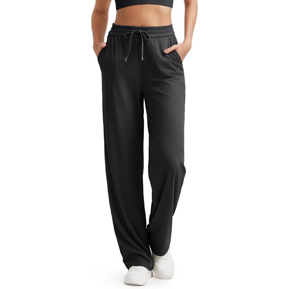 imageG4Free Ribbed Wide Leg Yoga Pants for Women with Pockets Drawstring High Waist Casual Lounge Pants PetiteRegularTallBlack