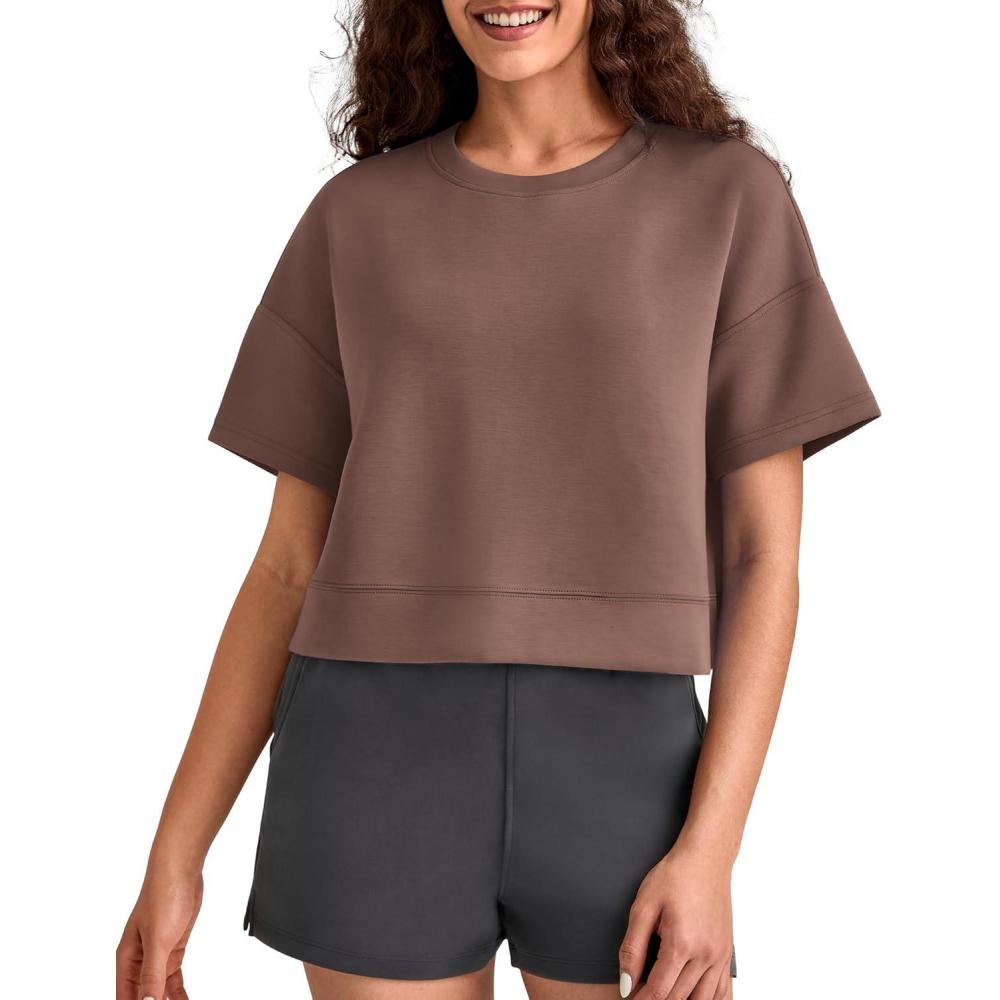 imageG4Free Smoofit Modal Soft Boxy Tee Shirts for Women Short Sleeve Drop Shoulder Crew Neck Basic Tops Casual LoungeCoffee Brown
