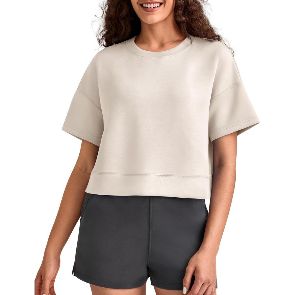 imageG4Free Smoofit Modal Soft Boxy Tee Shirts for Women Short Sleeve Drop Shoulder Crew Neck Basic Tops Casual LoungeLight Khaki