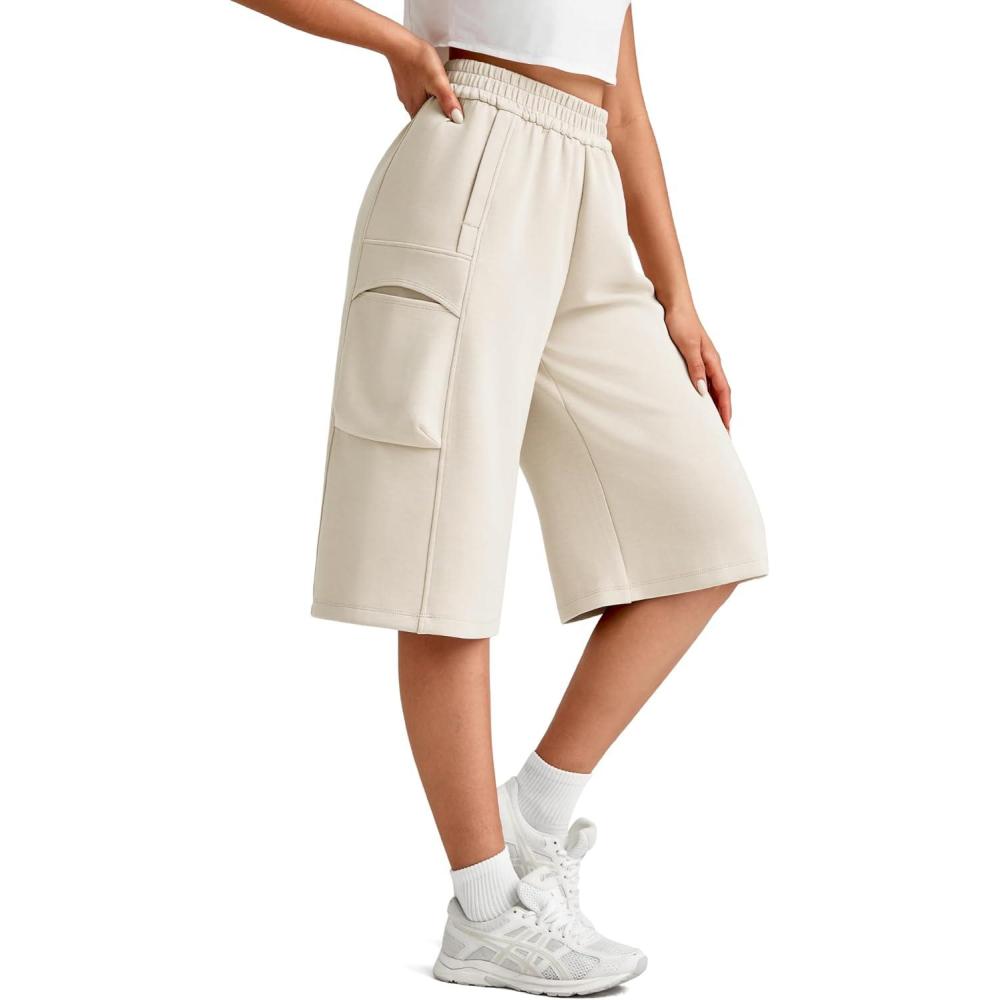 imageG4Free Smoofit Modal Soft Capri Yoga Pants for Women 13quot Knee Length Wide Leg Cargo Sweatpants Travel Casual Bermuda ShortsIvory