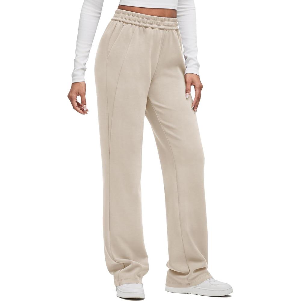 imageG4Free Smoofit Modal Soft Wide Leg Sweatpants for Women High Waisted Casual Lounge Travel Pants with PocketsLight Khaki