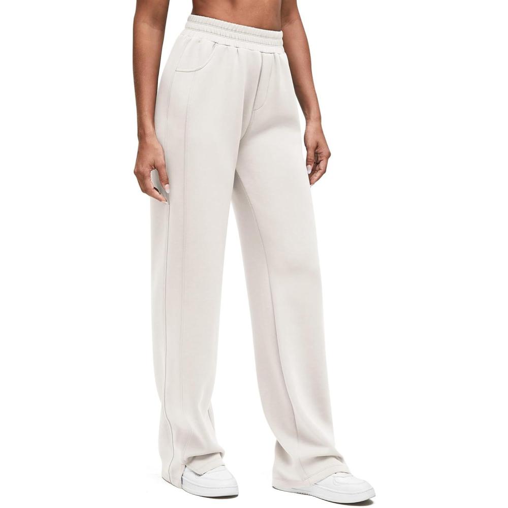 imageG4Free Smoofit Modal Soft Women Wide Leg Sweatpants High Waisted Side Slit Casual Pants with Pockets PetiteRegularTallIvory