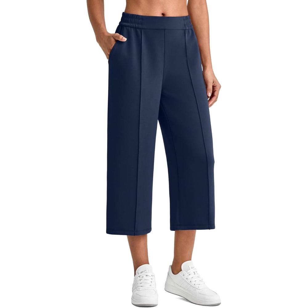 imageG4Free Smoofit Modal Soft Womens Wide Leg Capri Sweatpants High Waist Casual Lounge Cropped Pants with PocketsDark Blue