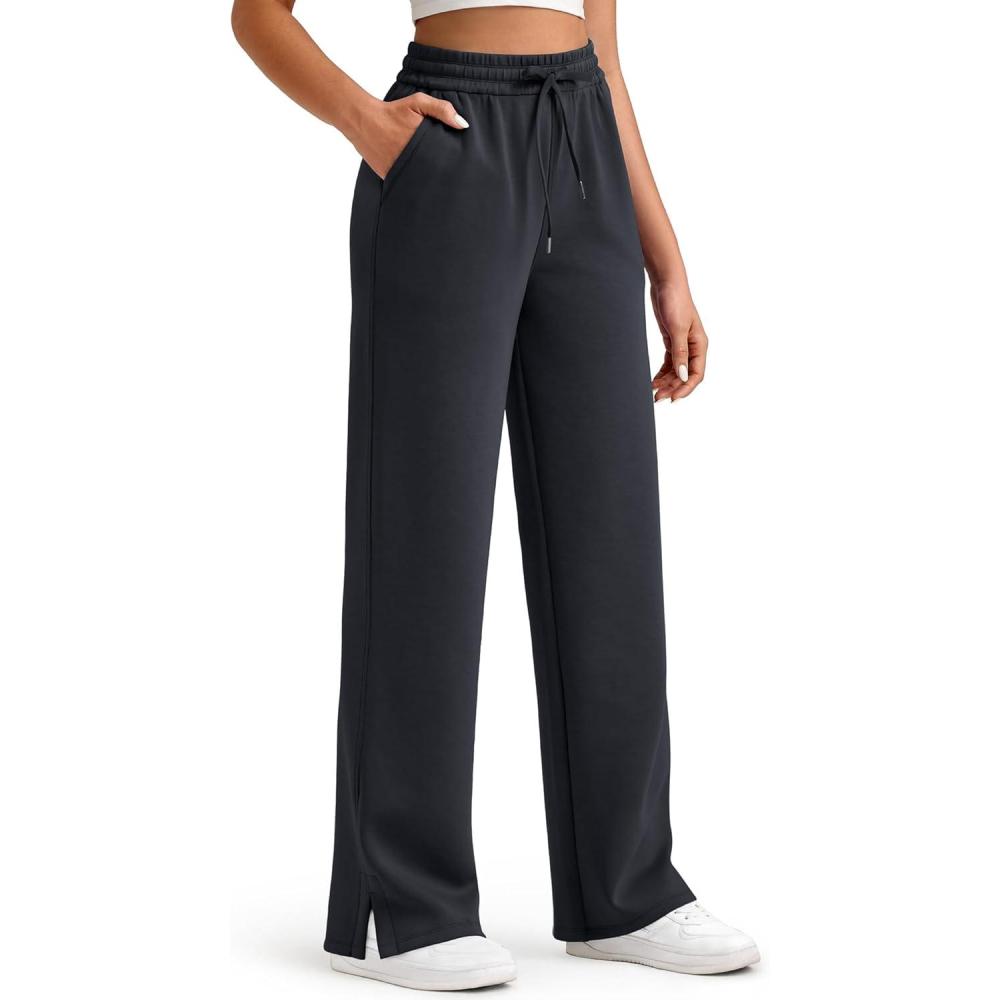 imageG4Free Smoofit Modal Soft Womens Wide Leg Sweatpants High Waisted Drawstring Side Slit Casual Lounge Pants with PocketsBlack