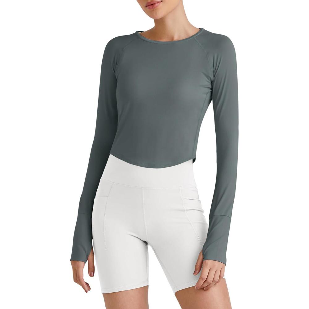 imageG4Free UPF 50 Rash Guard for Women Long Sleeve Workout Tops Lightweight Crop Length Sun Shirts UV Protection Athletic HikingGrey Sage