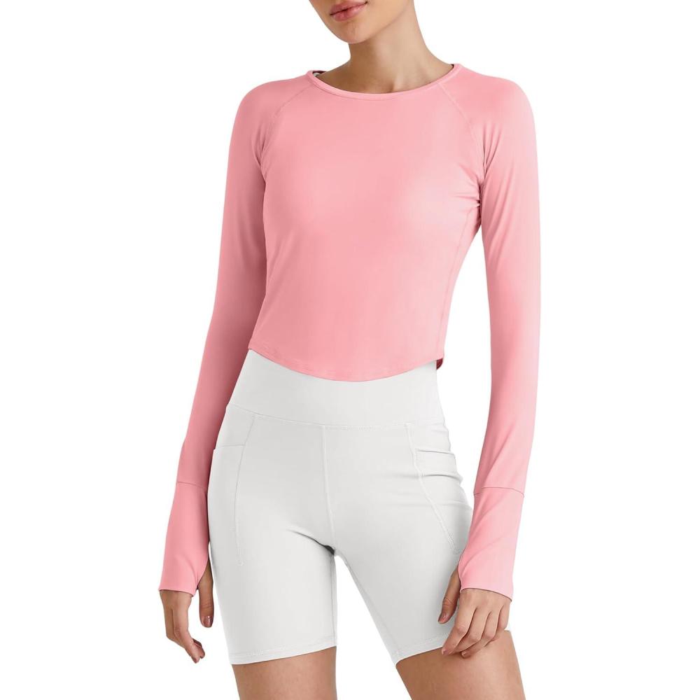 imageG4Free UPF 50 Rash Guard for Women Long Sleeve Workout Tops Lightweight Crop Length Sun Shirts UV Protection Athletic HikingPink