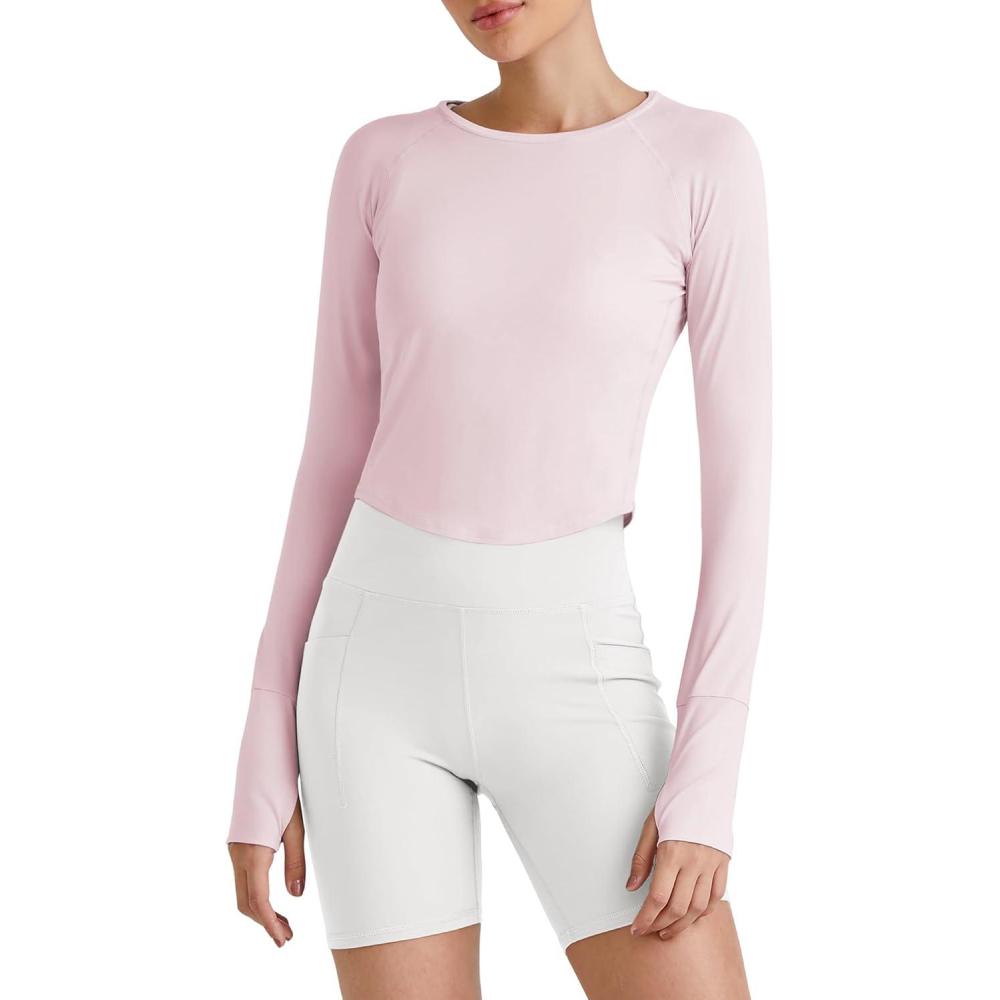 imageG4Free UPF 50 Rash Guard for Women Long Sleeve Workout Tops Lightweight Crop Length Sun Shirts UV Protection Athletic HikingSmoky Blush