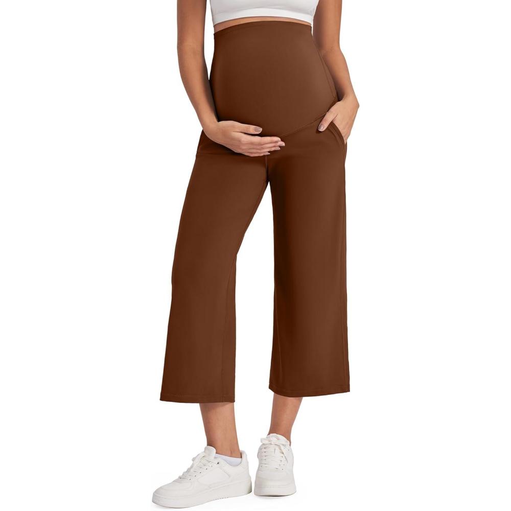 imageG4Free Wide Leg Maternity Yoga Capris Over The Belly Stretch Pregnancy Cropped Pants with PocketsDark Coffee