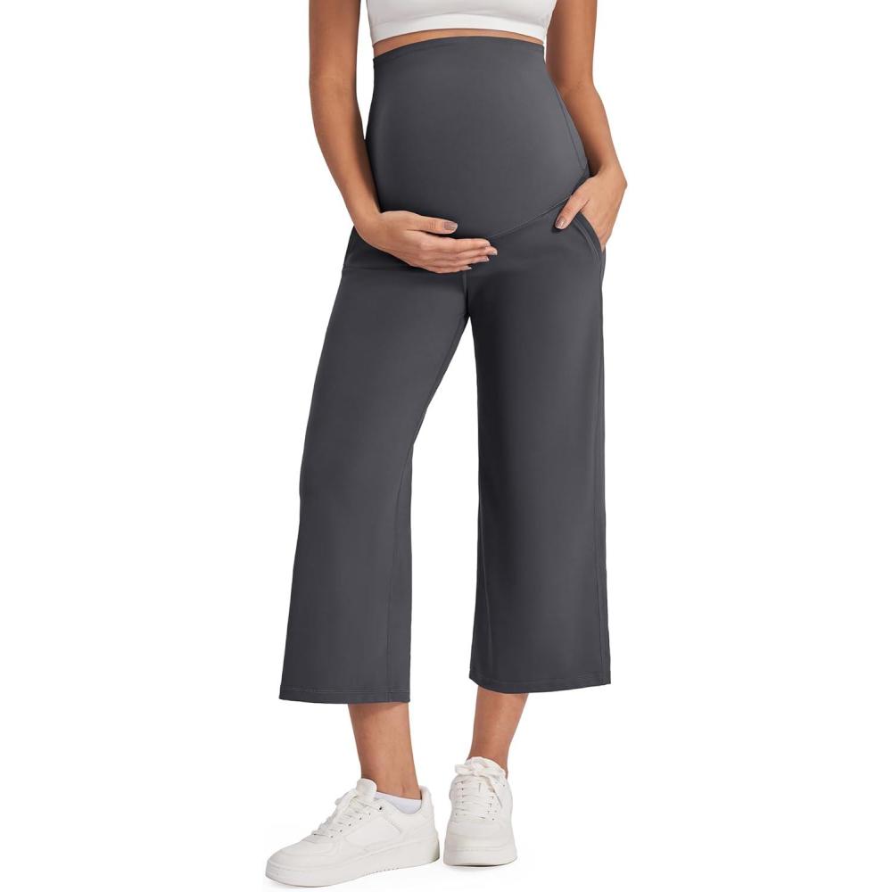 imageG4Free Wide Leg Maternity Yoga Capris Over The Belly Stretch Pregnancy Cropped Pants with PocketsDark Gray