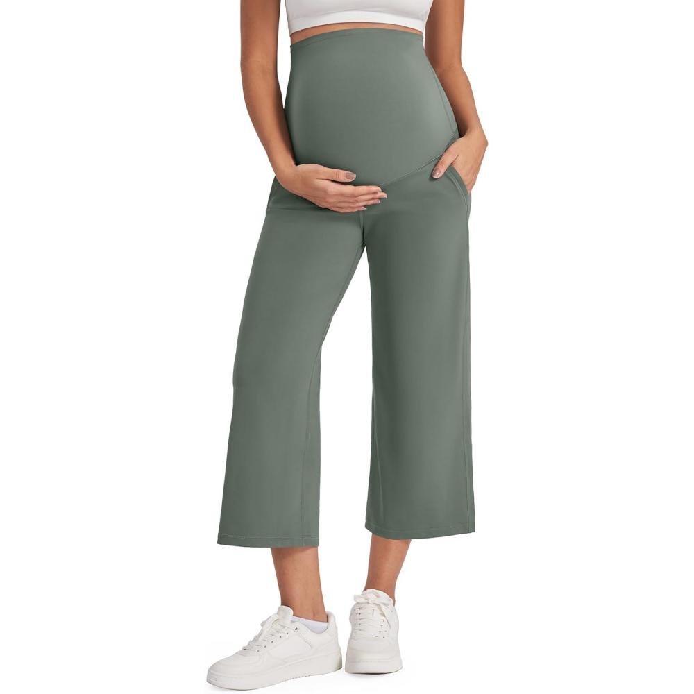 imageG4Free Wide Leg Maternity Yoga Capris Over The Belly Stretch Pregnancy Cropped Pants with PocketsGray Sage