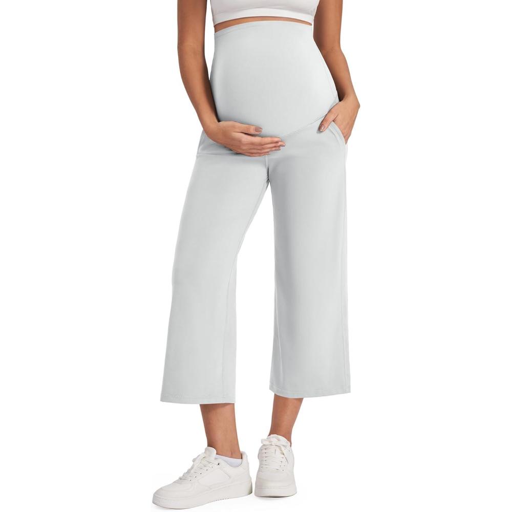 imageG4Free Wide Leg Maternity Yoga Capris Over The Belly Stretch Pregnancy Cropped Pants with PocketsLight Gray