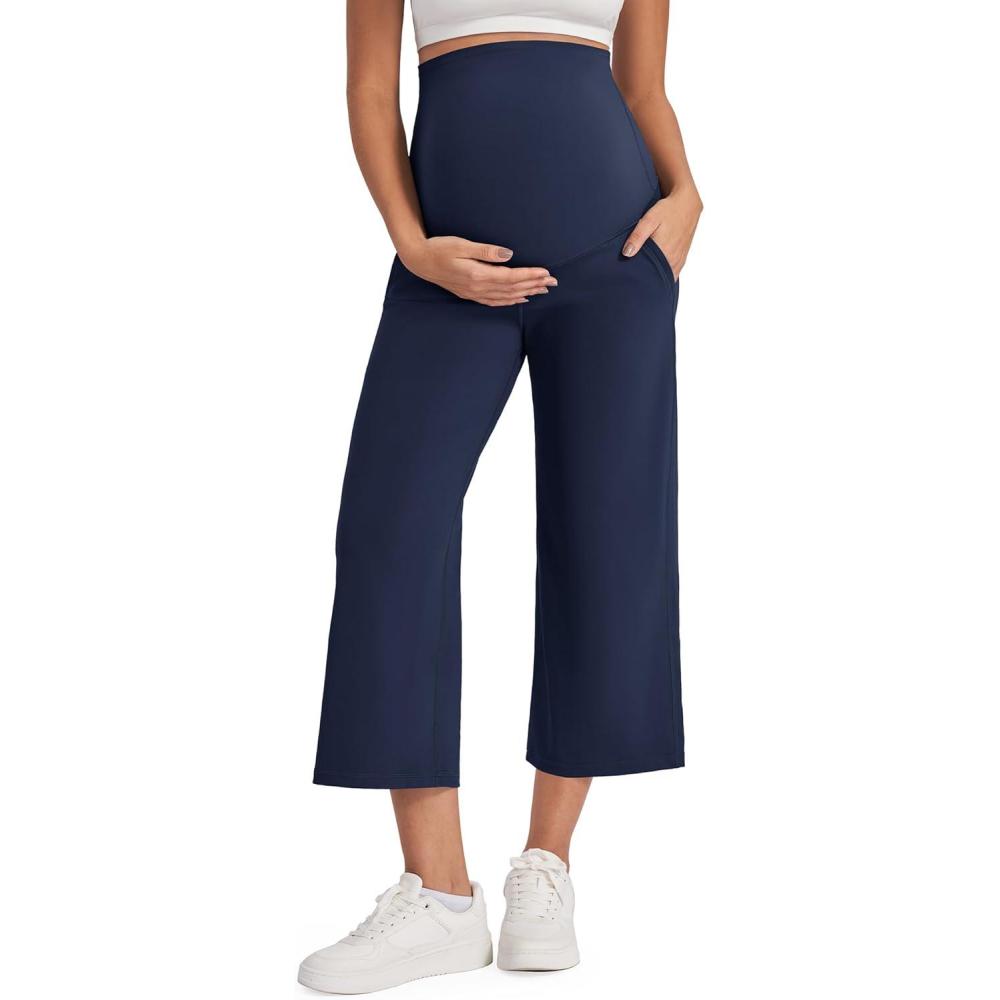 imageG4Free Wide Leg Maternity Yoga Capris Over The Belly Stretch Pregnancy Cropped Pants with PocketsRoyal Blue