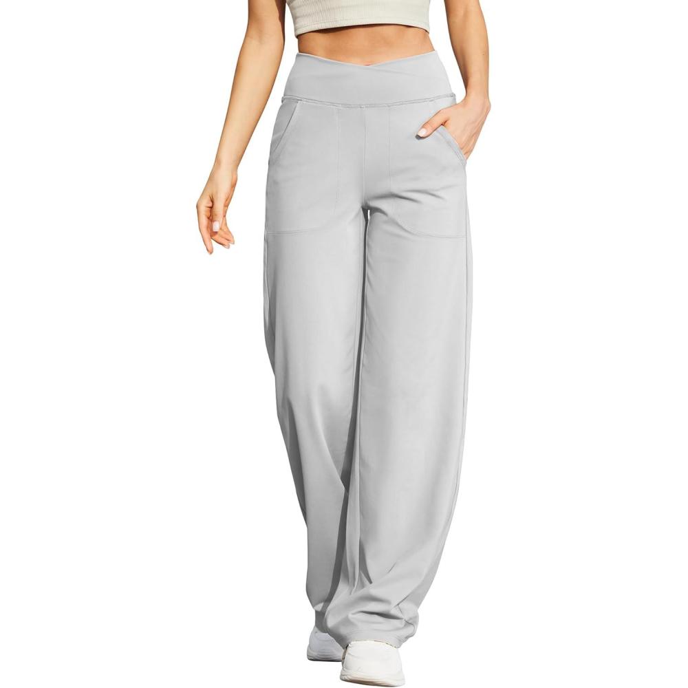 imageG4Free Wide Leg Pants for Women Loose Yoga Pants with Pockets PetiteRegularTall Stretch Casual Lounge PantsLight Grey