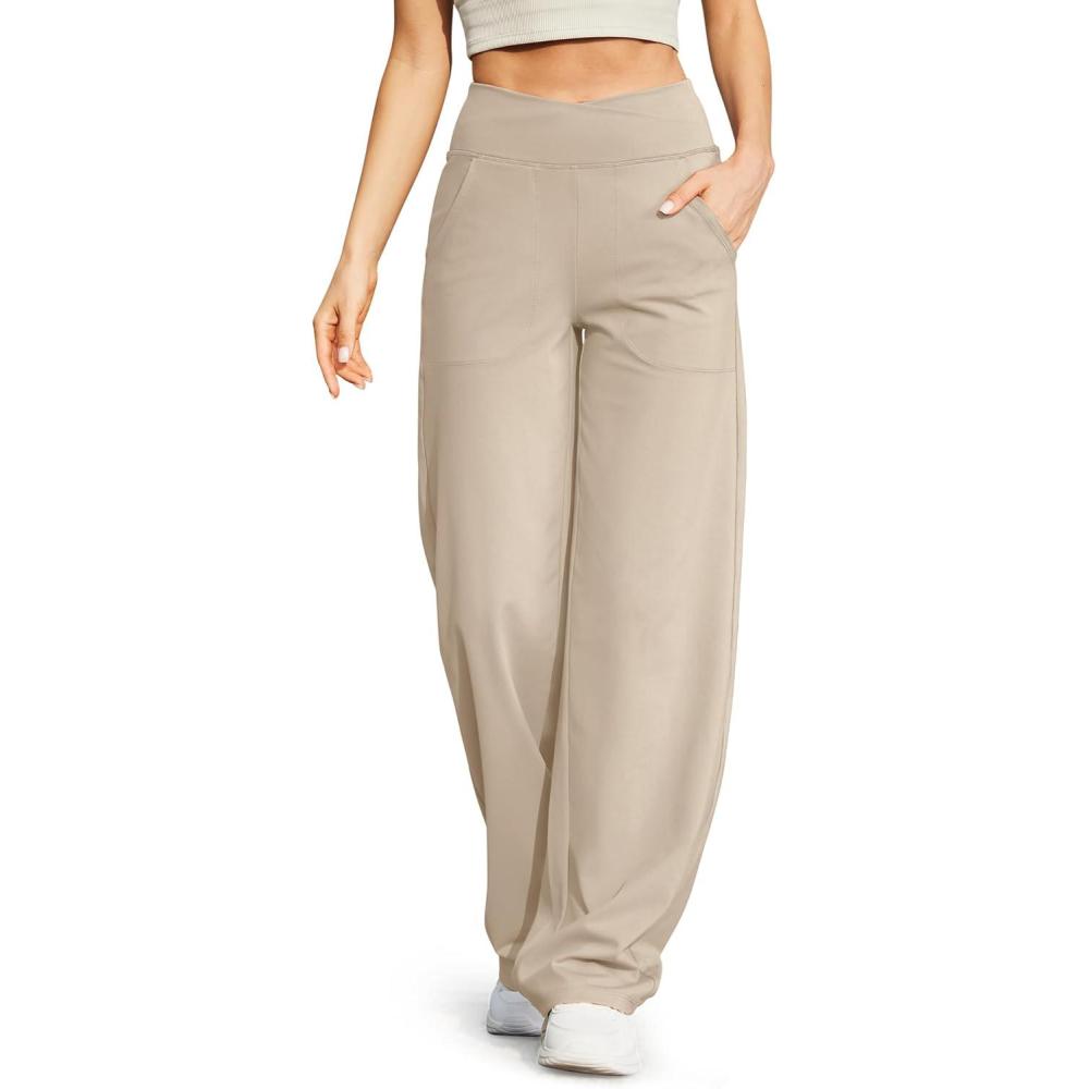 imageG4Free Wide Leg Pants for Women Loose Yoga Pants with Pockets PetiteRegularTall Stretch Casual Lounge PantsLight Khaki