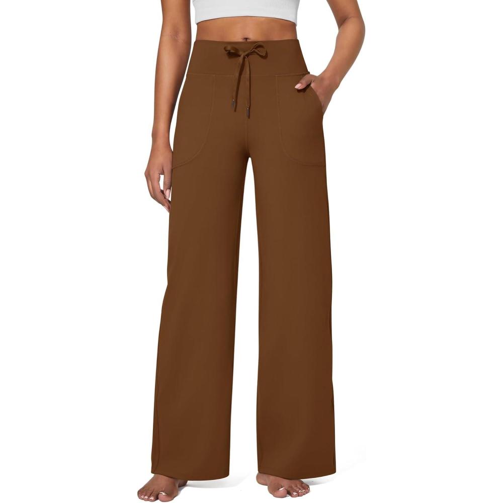 imageG4Free Wide Leg Pants for Women Yoga Pants High Waist Sweatpants with Pockets Stretch Lounge Pants Comfy WorkoutDark Coffee