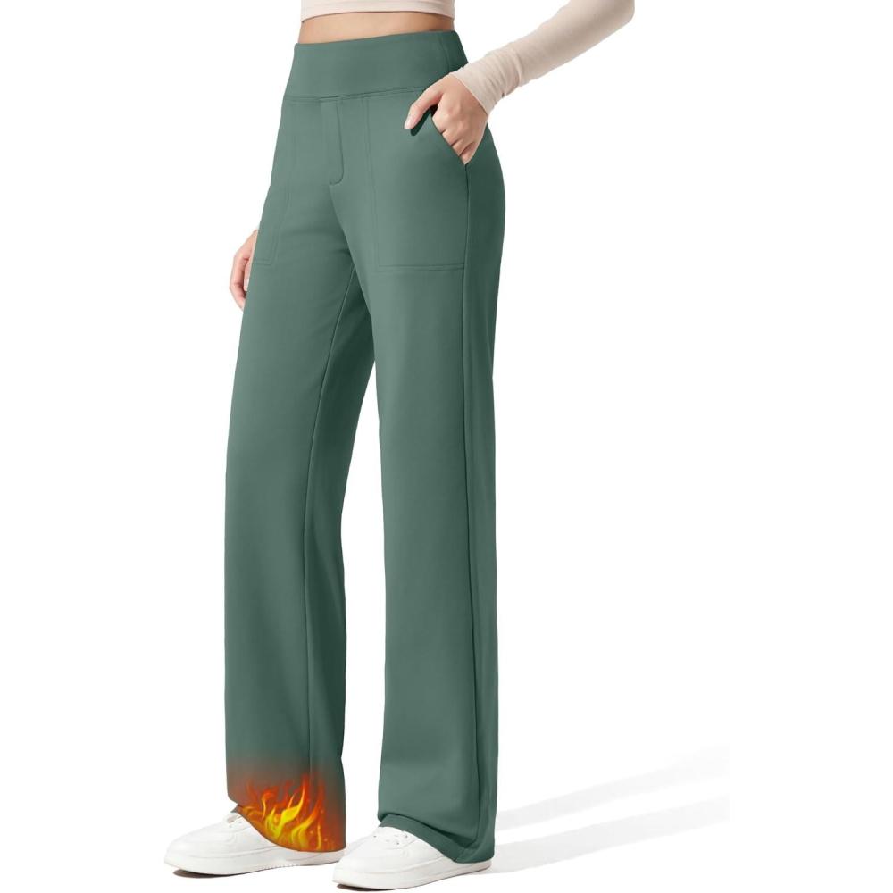 imageG4Free Women Fleece Lined Pants with Pockets Wide Leg Winter Thermal Work Trousers Dressy Casual PetiteRegularTallDark Forest Green
