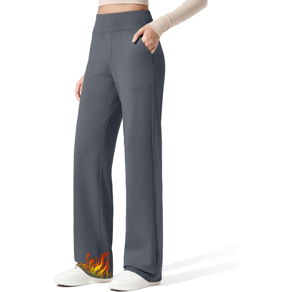imageG4Free Women Fleece Lined Pants with Pockets Wide Leg Winter Thermal Work Trousers Dressy Casual PetiteRegularTallDeep Grey