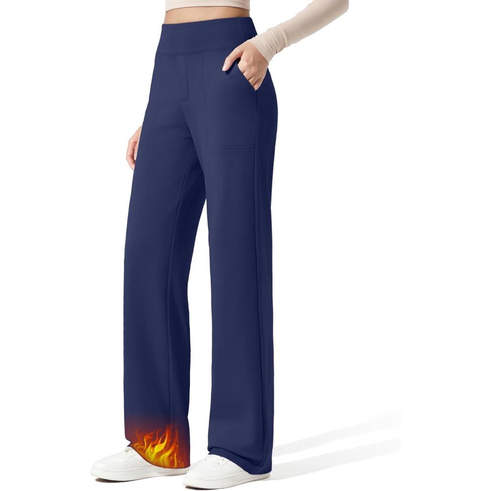 imageG4Free Women Fleece Lined Pants with Pockets Wide Leg Winter Thermal Work Trousers Dressy Casual PetiteRegularTallRoyal Blue
