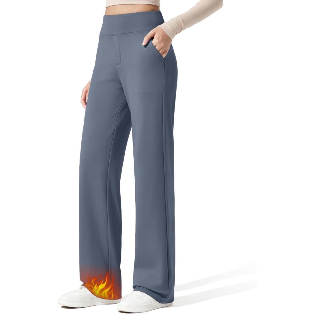 imageG4Free Women Fleece Lined Pants with Pockets Wide Leg Winter Thermal Work Trousers Dressy Casual PetiteRegularTallSlate Gray