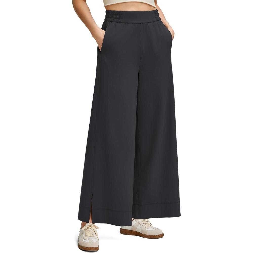 imageG4Free Women Lightweight Wide Leg Ankle Track Pants with Pockets Stretchy Casual Travel TrousersBlack
