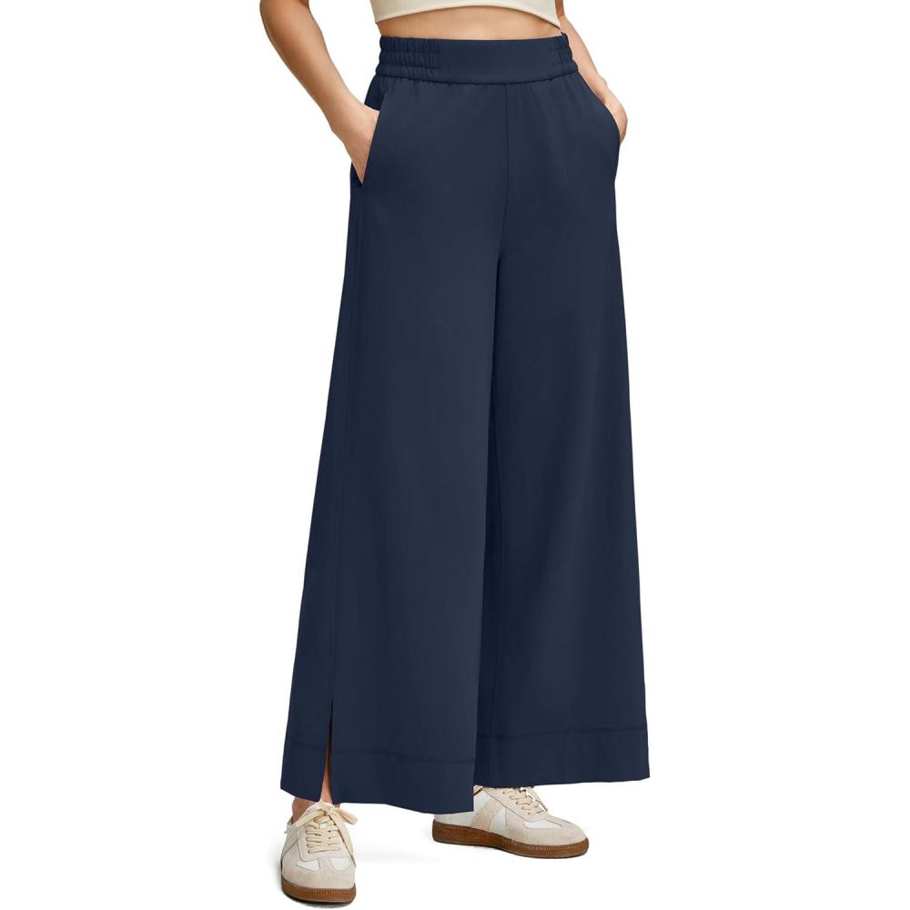 imageG4Free Women Lightweight Wide Leg Ankle Track Pants with Pockets Stretchy Casual Travel TrousersDark Navy