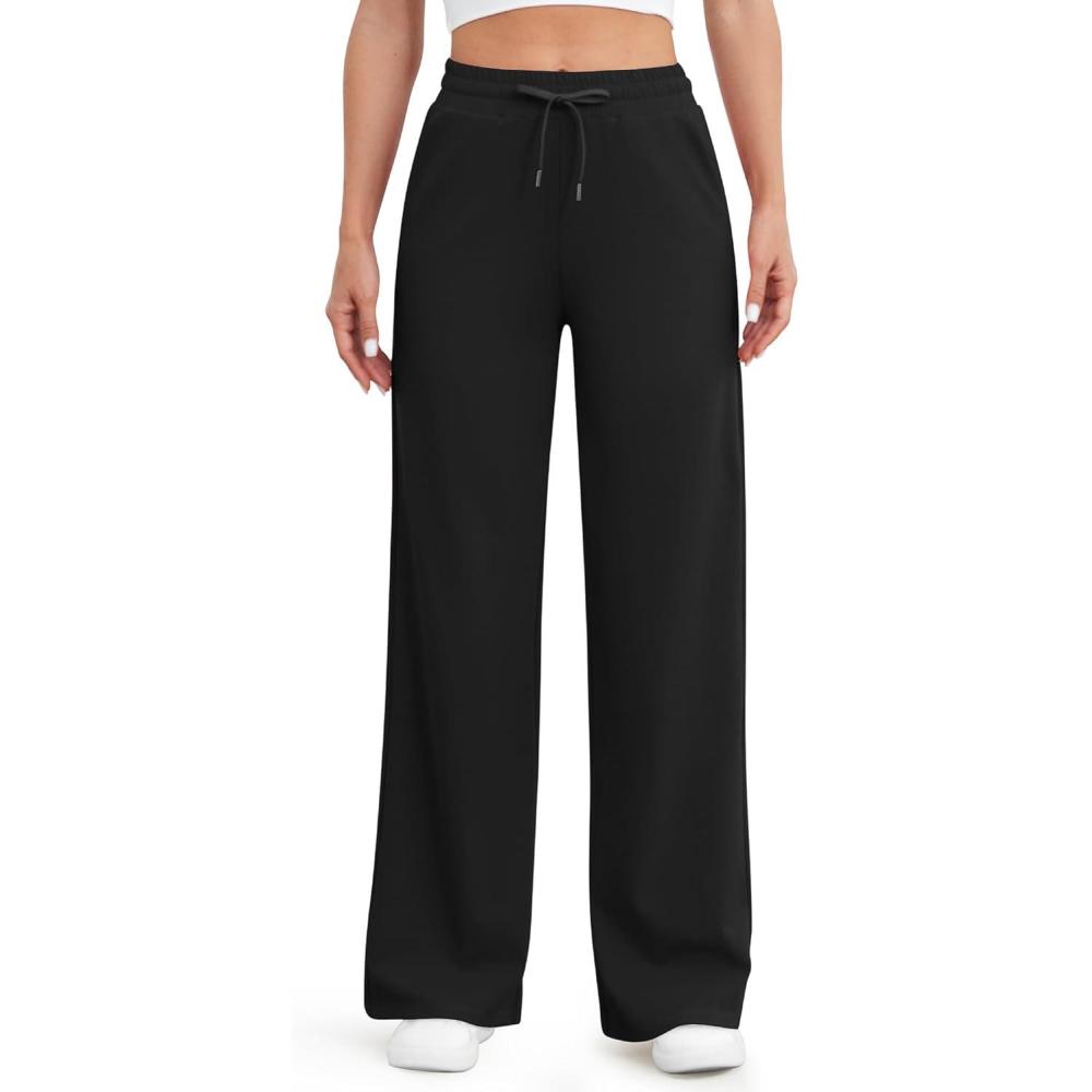 imageG4Free Womens Wide Leg Pants High Waisted Yoga Pants with Pockets Casual Drawstring SweatpantsBlack