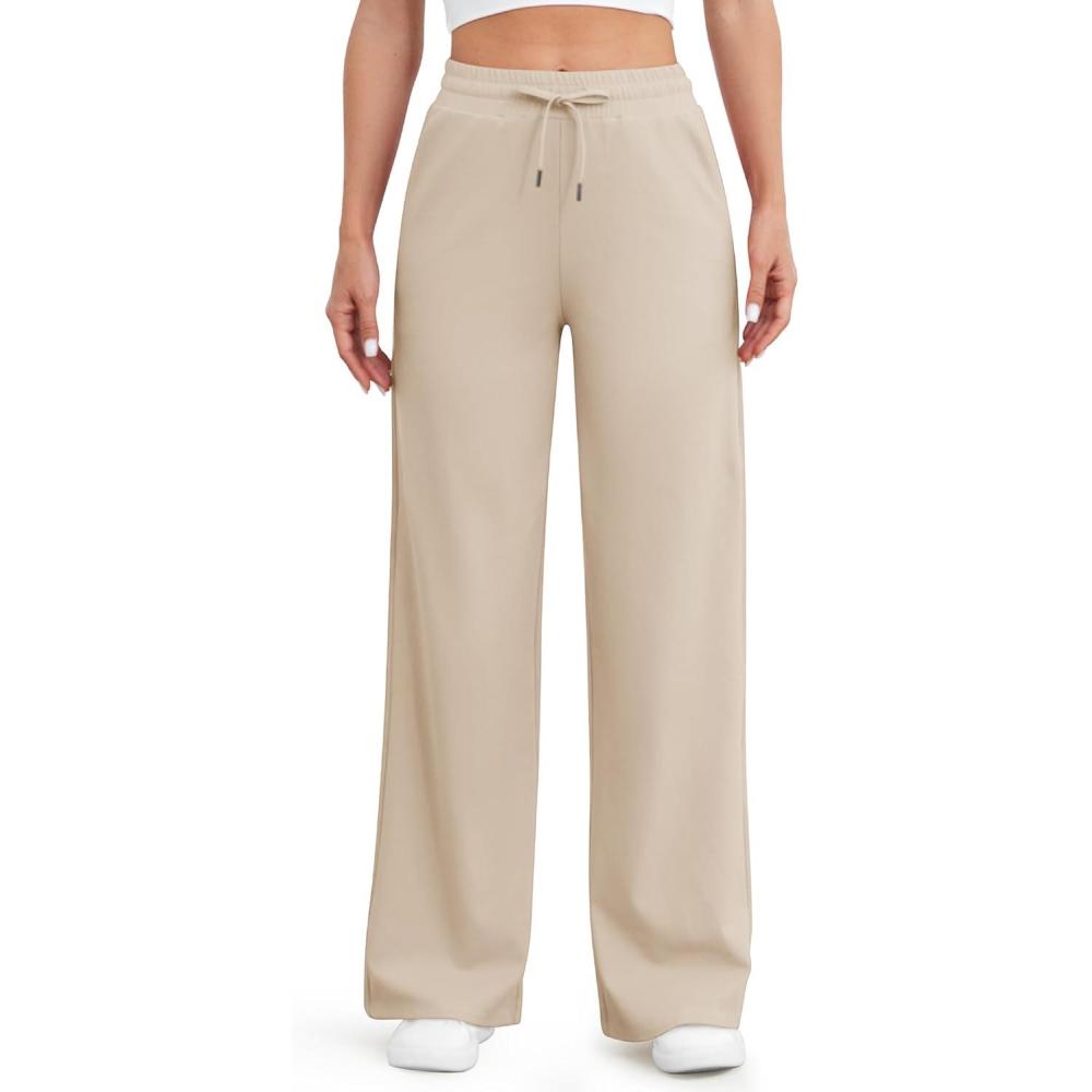 imageG4Free Womens Wide Leg Pants High Waisted Yoga Pants with Pockets Casual Drawstring SweatpantsLight Khaki