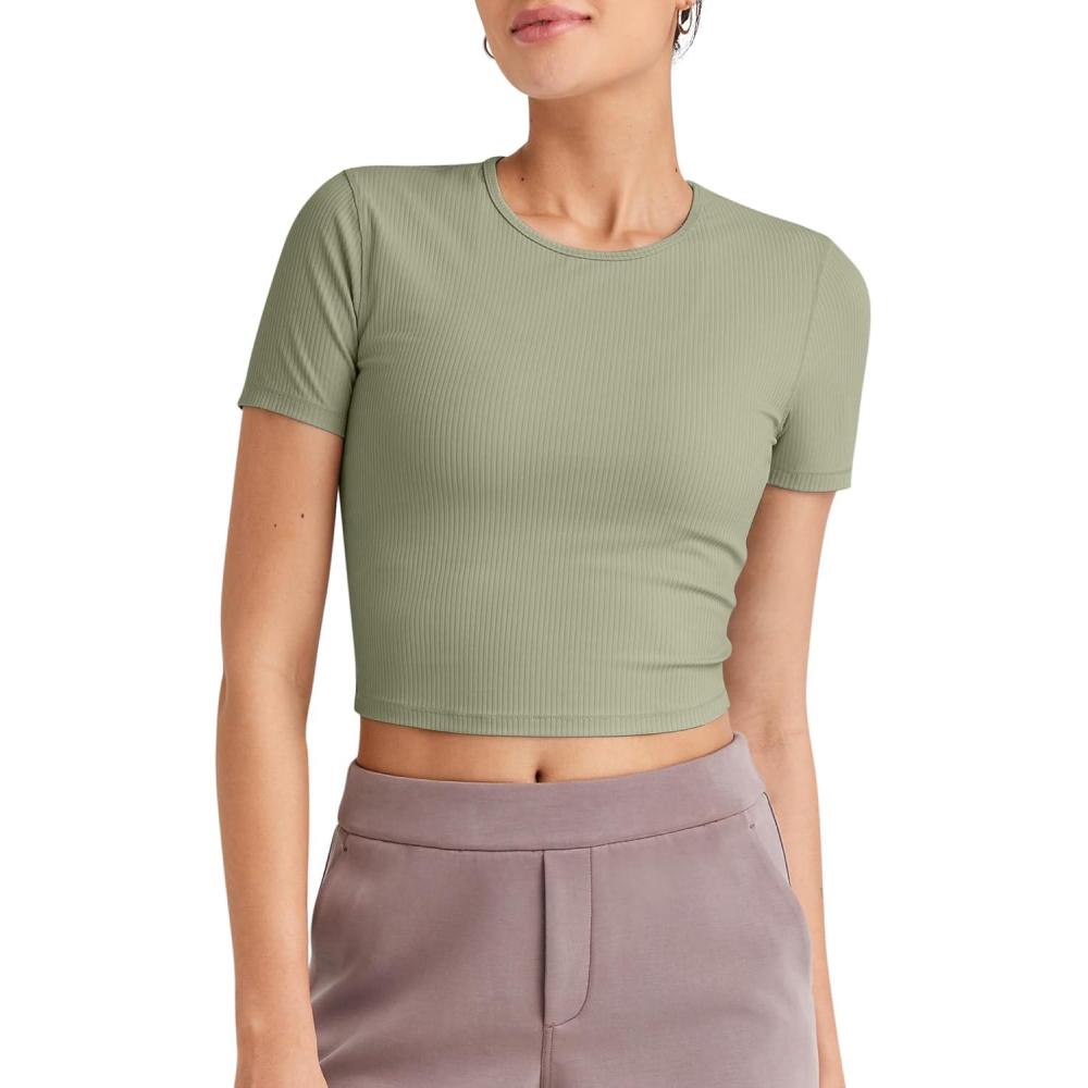 imageG4Free Workout Shirts Women Slim Fit Athletic Gym Work Out Tops Crop Short Sleeve Basic Yoga Tshirts Casual SummerGray Olive