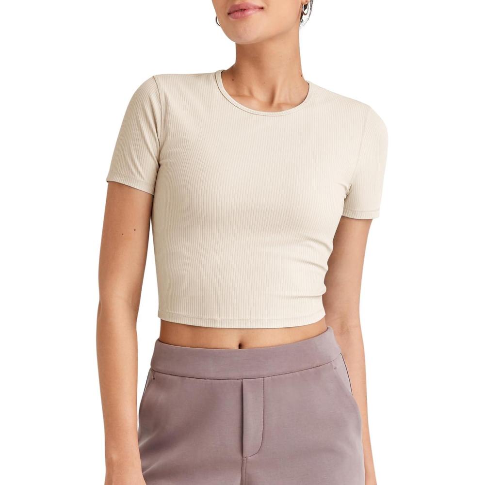 imageG4Free Workout Shirts Women Slim Fit Athletic Gym Work Out Tops Crop Short Sleeve Basic Yoga Tshirts Casual SummerLight Khaki