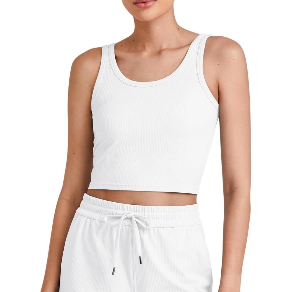 imageG4Free Workout Tank Tops for Women Slim Fitted U Neck Ribbed Athletic Gym Yoga Cropped Tanks Summer CasualWhite