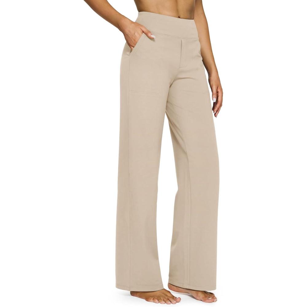 imageG4Free Yoga Pants Women Wide Leg Pants with Pockets High Waist Stretch Dress Casual Sweatpants PetiteRegularTallLight Khaki