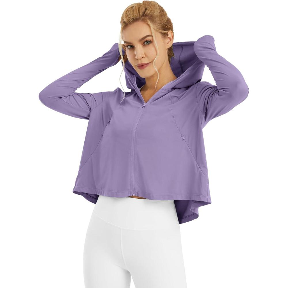 imageWomens UPF 50 Sun Protection Hoodie Shirts Lightweight Quick Dry Long Sleeve Zip Jacket with Pocket Hiking OutdoorGray Purple