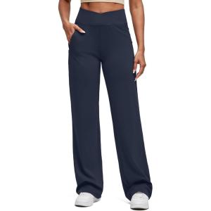 imageG4Free BareFeel High Stretch Women Wide Leg Yoga Pants Cross Waist Casual Trousers with Zipper Pockets 29quot31quot33quotDark Navy