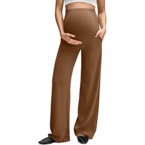 imageG4Free BareFeel Maternity Dress Yoga Pants with Pockets Over The Belly Stretchy Work Slack Pregnancy Wide Leg Casual TrousersDark Coffee