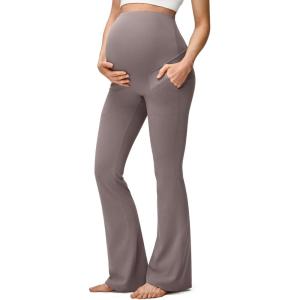 imageG4Free BareFeel Maternity Flare Leggings with Pockets Over The Belly Yoga Pregnancy Casual Dress Pants for WorkTaupe