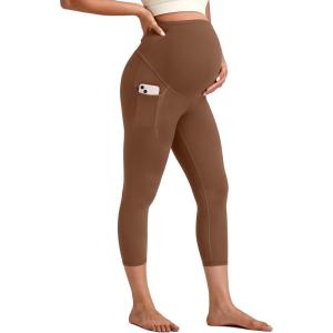 imageG4Free BareFeel Maternity Leggings with Pockets Over The Belly Stretchy Workout Yoga Pregnancy Capri PantsDark Coffee