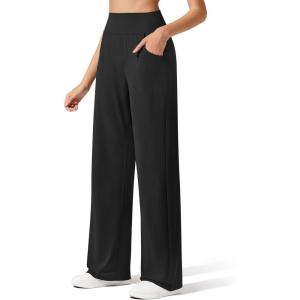 imageG4Free Breathable Ribbed Wide Leg Yoga Pants Women High Waist Lightweight Casual Trousers with PocketsBlack