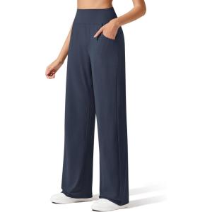 imageG4Free Breathable Ribbed Wide Leg Yoga Pants Women High Waist Lightweight Casual Trousers with PocketsDark Blue