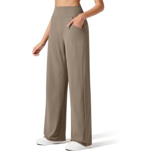 imageG4Free Breathable Ribbed Wide Leg Yoga Pants Women High Waist Lightweight Casual Trousers with PocketsDark Brown