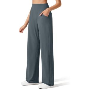 imageG4Free Breathable Ribbed Wide Leg Yoga Pants Women High Waist Lightweight Casual Trousers with PocketsDark Gray