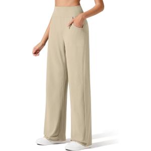 imageG4Free Breathable Ribbed Wide Leg Yoga Pants Women High Waist Lightweight Casual Trousers with PocketsDirty Latte